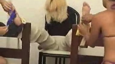 Blonde getting tickled on bare feet