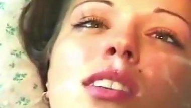Classic beauty facialized in retro threesome
