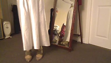 White satin nightie outfit Big Dorcet Louboutins in bed