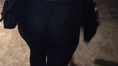 Black see through transparent leggings beige leotard public