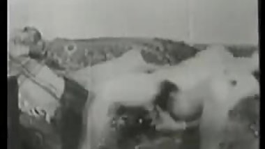 Vintage hairy lady play with bottle.